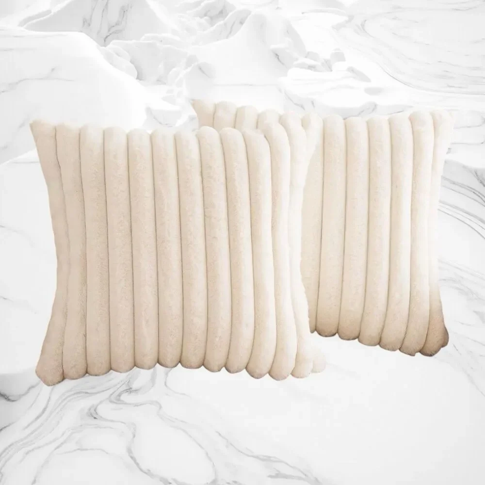 Deeland Double Side Faux Fur Fuzzy Stripe Soft Pillow Covers Beige 18